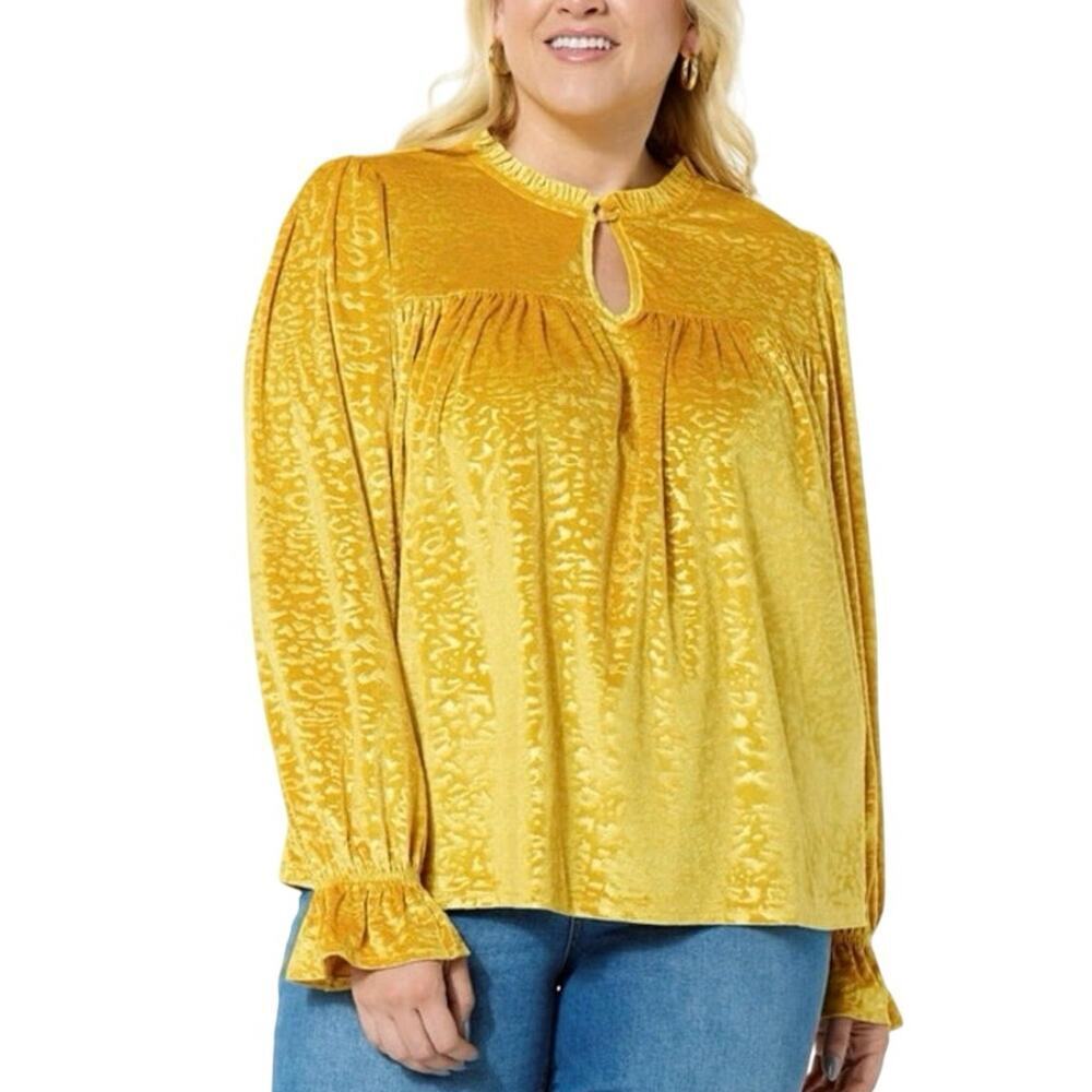 DG2 By Diane Gilman NWT Velvet Burnout Puff Sleeve Top Yellow Gold Size Large